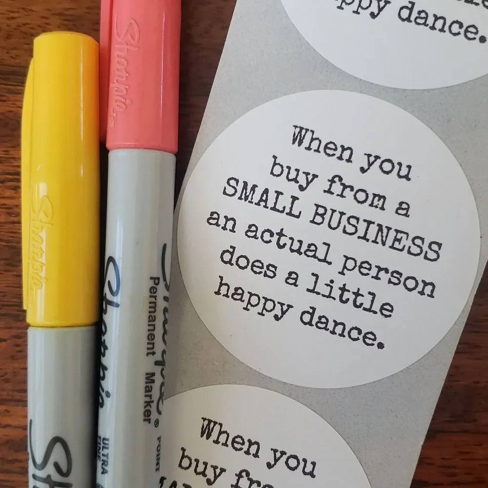 3/$15 50 STICKERS LABELS LARGE ROUND TWO INCH SMALL BUSINESS HAPPY DANCE